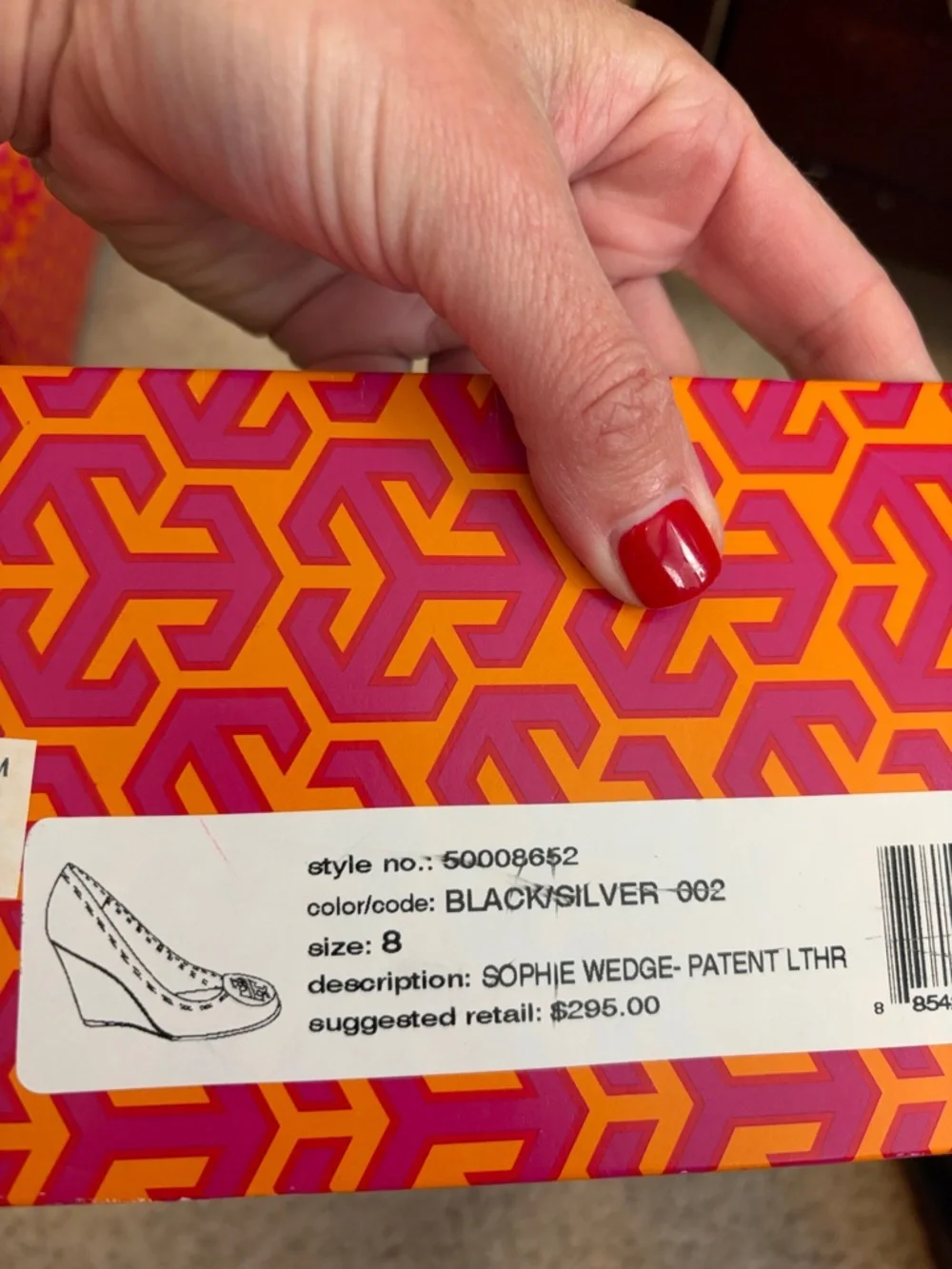 Tory Burch “Sophie” Black Patent Leather wedge heel with silver hardware, 8 - Picture 12 of 15